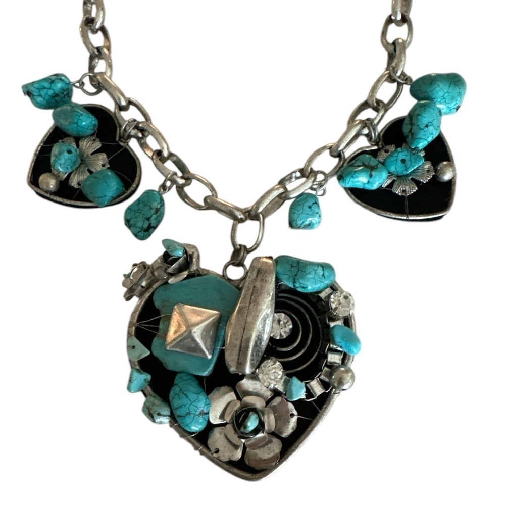 Vintage Three Heart Abstract Stones Silver Tone Chain Link Necklace Boho Rodeo